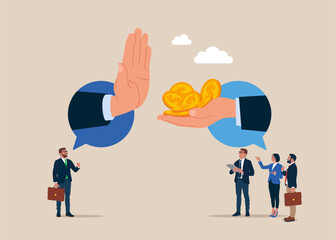 Showing her palm with refusing. Refusing money. Anti corruption scene with illegal bribe money transfer. Flat vector illustration