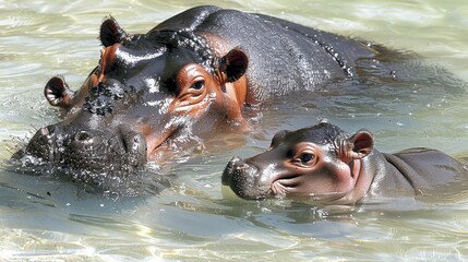 Fototapeta premium Two hippos submerged in water, heads exposed at surface