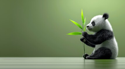   A panda bear sits on the ground, clutching a bamboo plant Behind it, two green walls form a backdrop - obrazy, fototapety, plakaty