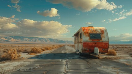 Abandoned travel trailer caravan stands on the edge of an asphalt road in the desert. A white and orange trailer, made of rusted metal, abandoned on the highway.
