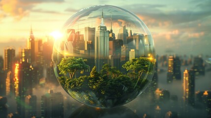 Crystal ball with reflection of city. Metropolis with a park in a glass ball. The ecological problem of environmental cleanliness and the ozone layer.