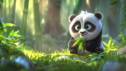   A panda bear, seated in the forest, holds a bamboo stem in its mouth, its eyes gleaming open