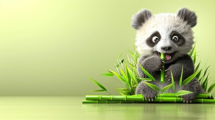   A panda bearside on grass, tongue out, mouth agape; bamboo sticks nearby