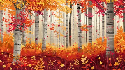 Obraz premium A vibrant autumn forest with leaves of red, orange, and gold.