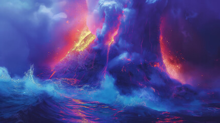 A dramatic scene where powerful ocean waves meet a violent volcanic eruption under a mystical purple sky