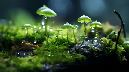  Mushrooms and water droplets on moss in a serene forest setting