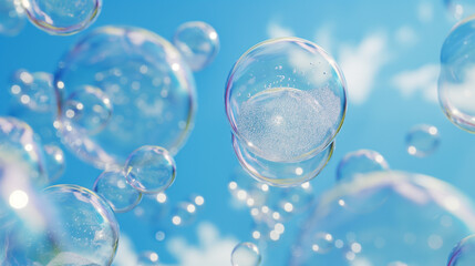 Myriad of transparent soap bubbles floating against a clear blue sky, close-up view