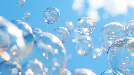 Myriad of transparent soap bubbles floating against a clear blue sky, close-up view