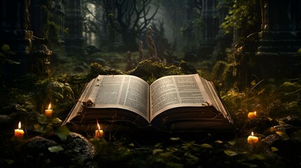  An open book with candles in the forest