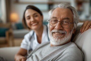 Elderly man smiling with nurse in background