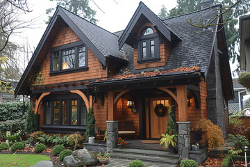 A charming craftsman house boasting a combination of brick and wood siding.