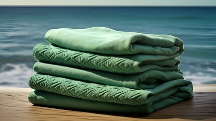 A stack of green towels neatly arranged on a table, 