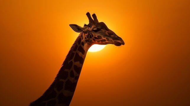   A giraffe facing the sun with its head tilted to one side
