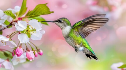   A hummingbird feeds from a branch of a pink-and-white blooming tree in the foreground