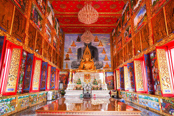 Phetchaburi Province,Thailand – 2nd April 2024: Big gold buddha statue in church background at Wat Cha Am Khiri Temple.