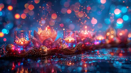   A tight shot of a candle atop a table, surrounded by softly blurred lights, with the background softly focusing on more distant, out-of-focus lights