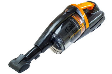 A cordless handheld vacuum cleaner with a crevice tool and brush attachment for thorough cleaning in tight spaces isolated on a solid white background.