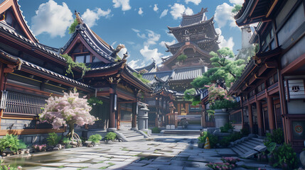 A High detailed Japanese temple courtyard with many buildings temples. Blue sky, white clouds,...