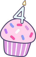 cupcake with a candle number 4 for happy birthday greetings card or invitation