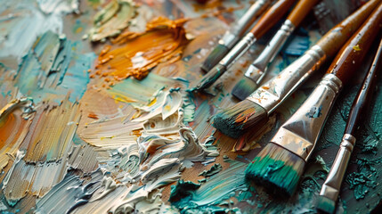 brushes and oil paints on wooden