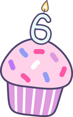 cupcake with a candle number 6 for happy birthday greetings card or invitation