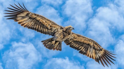   A large bird of prey flies through the air with spread-out wings against a backdrop of a blue, cloudy sky dotted with white clouds