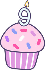 cupcake with a candle number 9 for happy birthday greetings card or invitation