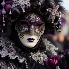A close up of a person wearing a mask and a costume, ornate mask and fabrics, venetian mask