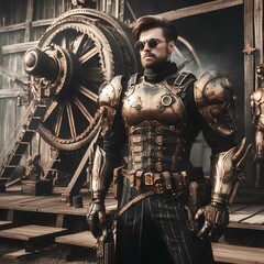 A man in armor standing in front of a machine, cyber steampunk