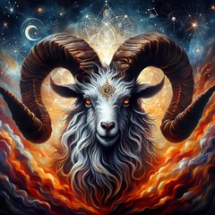 A painting of a ram with horns and a star in the background, aries fiery ram tarot