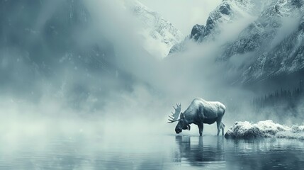   A moose stands in the middle of a body of water, facing a mountain covered in snow