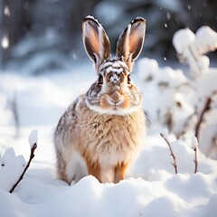 A rabbit sitting in the snow near bushes, covered in snow