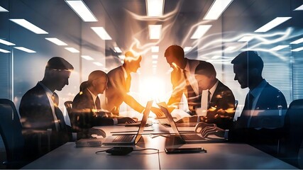 Fototapeta premium The silhouettes of business people are seen working together at their desks in an office, their outlines illuminated by soft, golden light. 
