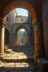 Serene dawn light baths an ancient abbeys corridor with vibrant frescoes adorning the walls