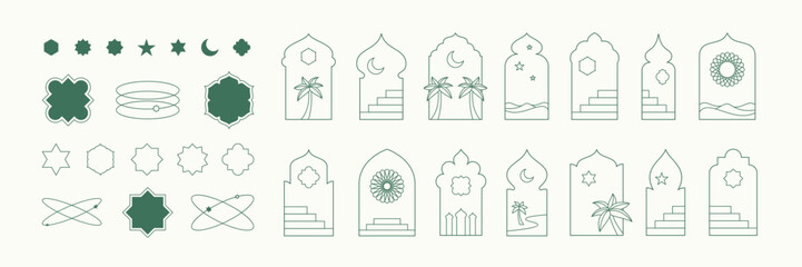 Fototapeta premium Islamic shape frame window illustrations collection. Arabian architecture geometric arch door with stairs, palms, stars and moon silhouettes set. Ramadan Kareem mosque gates landscape icons Isolated