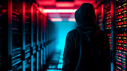 Back view of hacker in hoodie standing among illuminated servers.