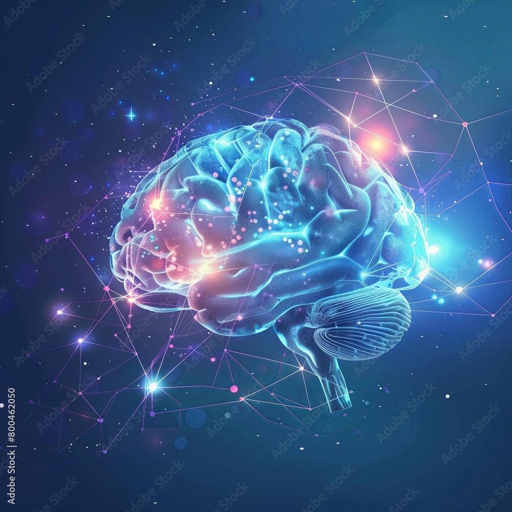 Poster science of the mind. digital network connecting human intelligence. blue abstract background