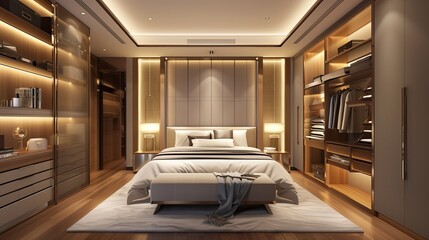 Modern interior design wardrobe room with decorative lighting and bedroom