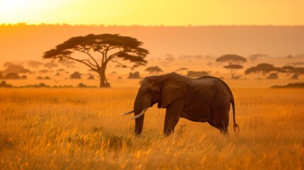   An elephant stands amidst a field of tall grass, a solitary tree distance behind