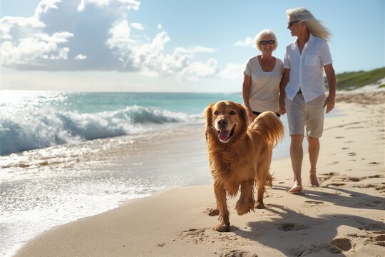 Senior couple walking dog on sunny beach