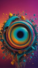 An abstract painting featuring a prominent circular object surrounded by geometric shapes and vibrant colors