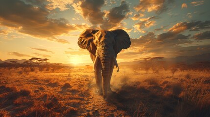   A large elephant traverses a dry grassland, surrounded by a cloudy sky The sun sets in the distance behind it