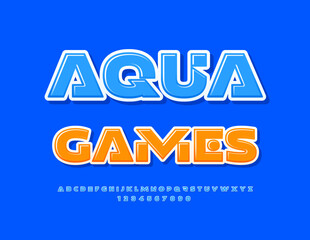 Vector bright poster Aqua Games. Playful unique Font. Blue abstract style Alphabet Letters and Numbers.