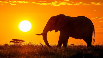   A large elephant atop a grassy field, bathed in a vibrant orange and yellow sunset Sun resides behind