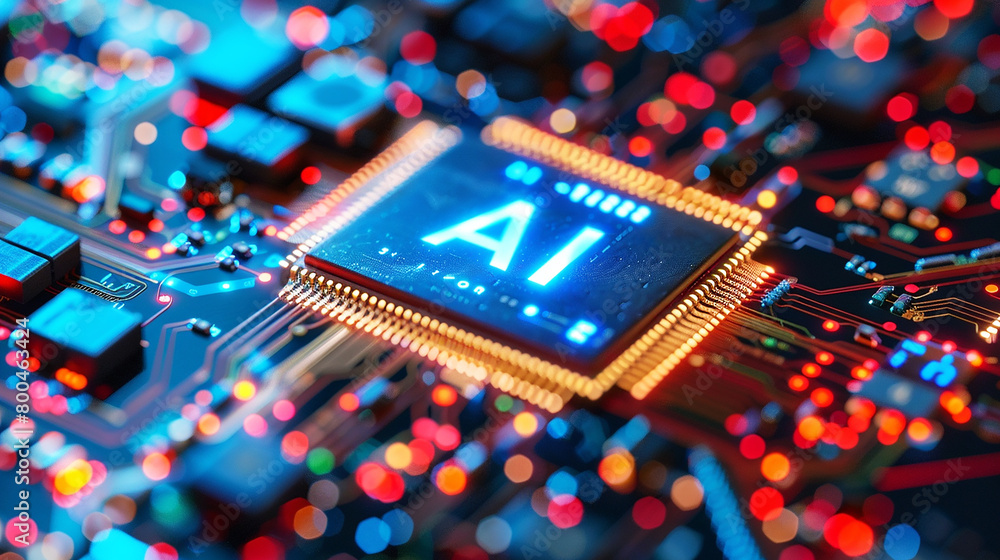 Poster a computer motherboard with a state-of-the-art ai processor. ai generative.