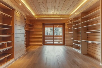 wide wooden empty dressing room, interior of a modern house