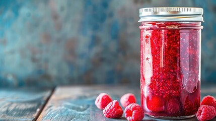 Homemade dessert of canned raspberries in a glass jar on a wooden table. A sweet escape, transporting you to raspberry paradise.