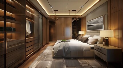 Interior design decor furnishing of luxury show home bedroom showing walk in wooden wardrobe closet furniture