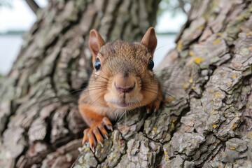 A funny curious squirrel in a city park looks straight into the camera. Close-up portrait. The squirrel's bold stare speaks volumes, a portrait of untamed curiosity.