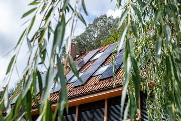 Eco friendly house with a solar powered roof, harnessing the sun's energy, represents a step...